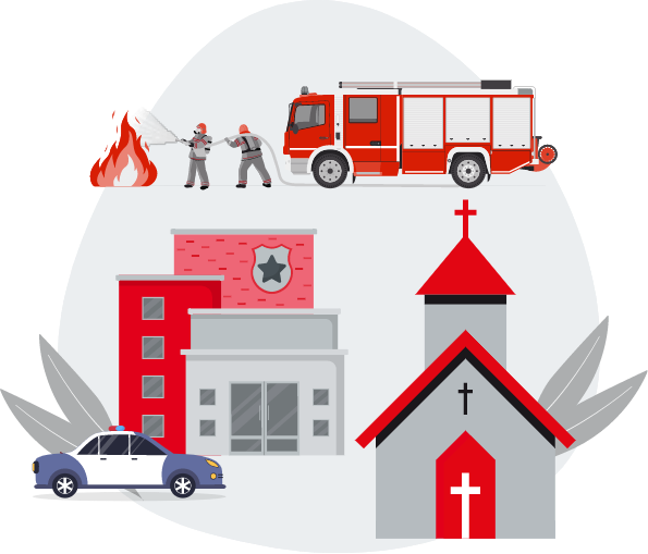 Piktogram ikony budynku policji, straży pożarnej i wozu strażackiego